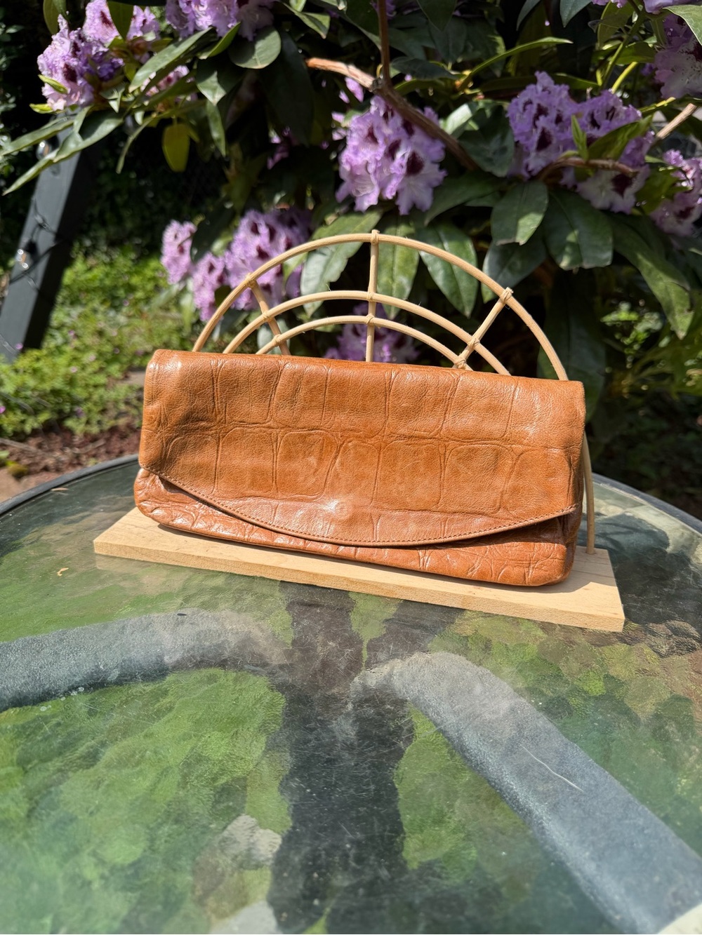 Croc-Embossed Tan Leather Foldover Clutch